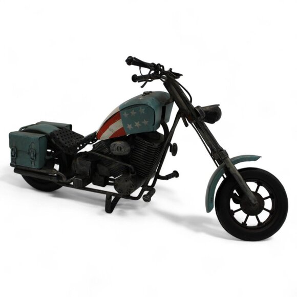 Vintage Metal Motorcycle Model With American Flag Design & Saddlebags - Picture 4 of 8